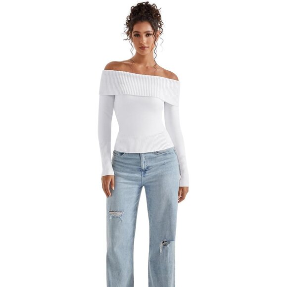 Women Snow White Off Shoulder Long Sleeve Tops Blouse Sweaters - Picture 5 of 6